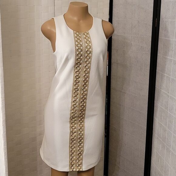 BRAND NEW PAPPAGALLO SLEEVELESS TEXTURED KNIT METALLIC GOLD LACE F TRIM DRESS - Picture 2 of 14